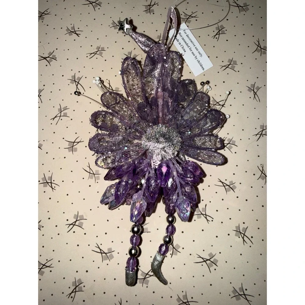 Purple Fairy Jester Ornament Beaded Glitter Wings Fantasy Holiday Decor Silver